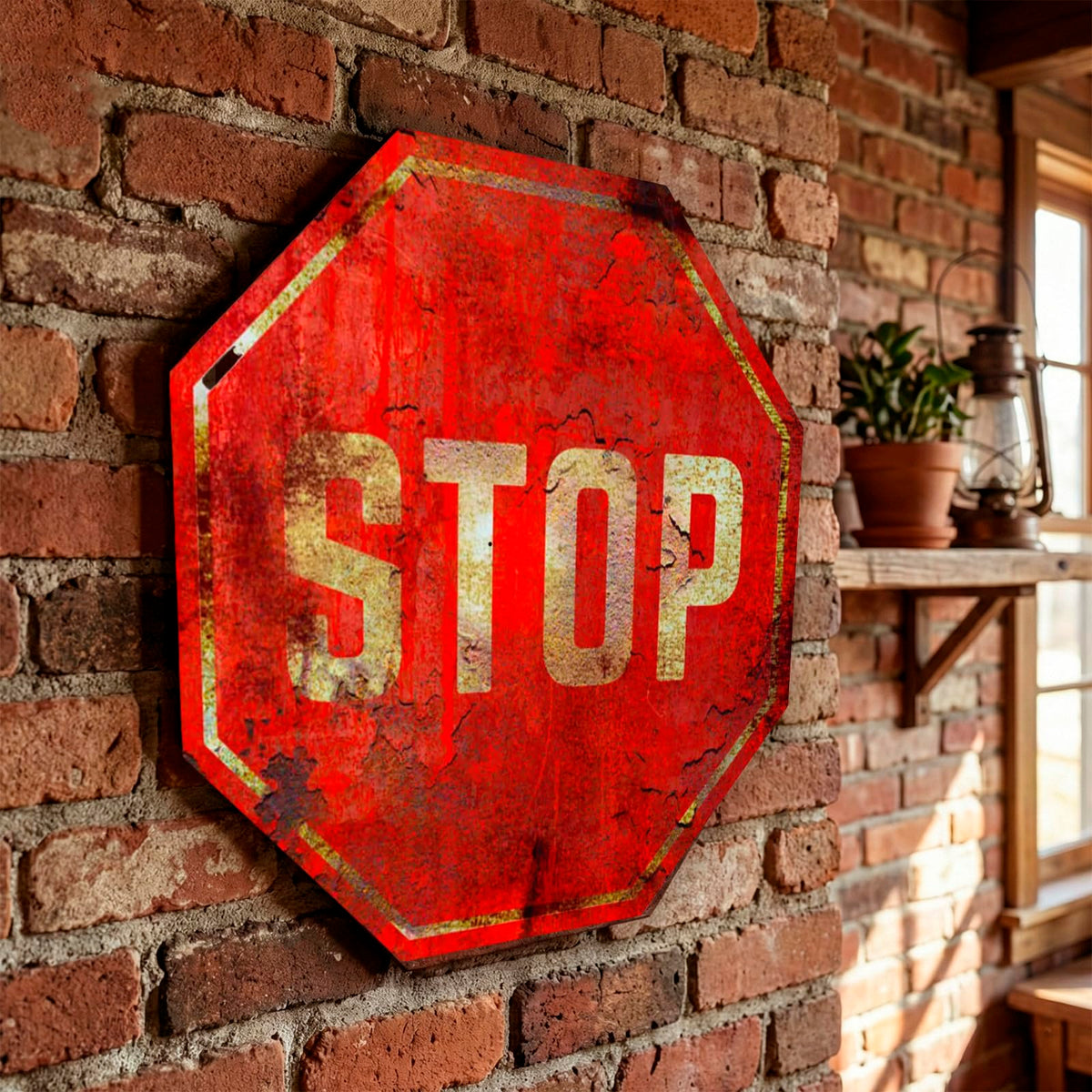 Placa Decorativa Stop Old Aparência Quadro para Decoração Tema Trânsito