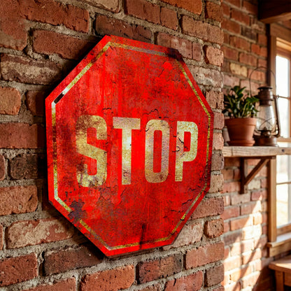 Placa Decorativa Stop Old Aparência Quadro para Decoração Tema Trânsito